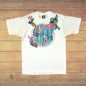 Vintage 90s Fish Ocean T-shirt  Size Large Tropical Graphic Puffy Paint Glitter